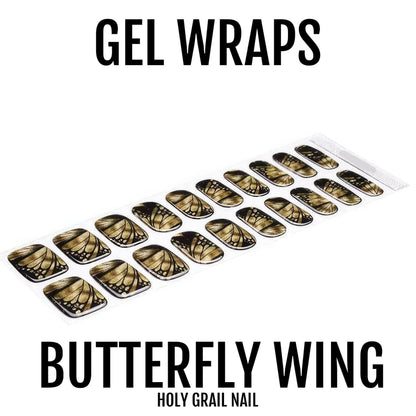 Butterfly wing gel nail wraps sheet with gold and brown metallic patterns for at-home manicure
