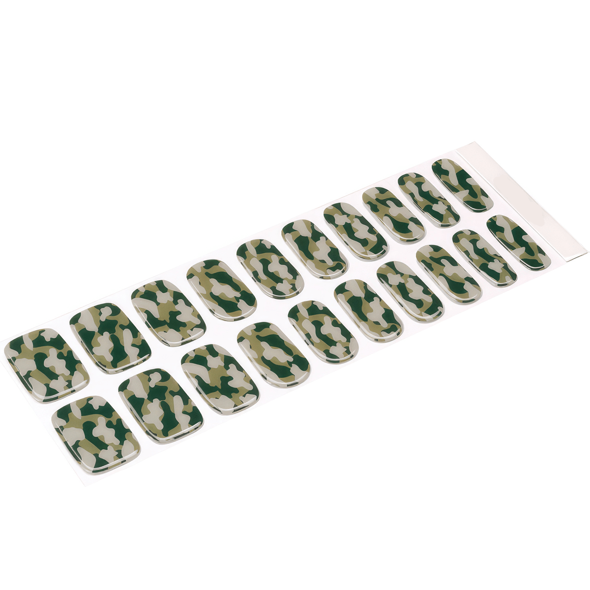 Green camouflage pattern gel nail wrap sheet with 20 nail sizes for DIY manicure