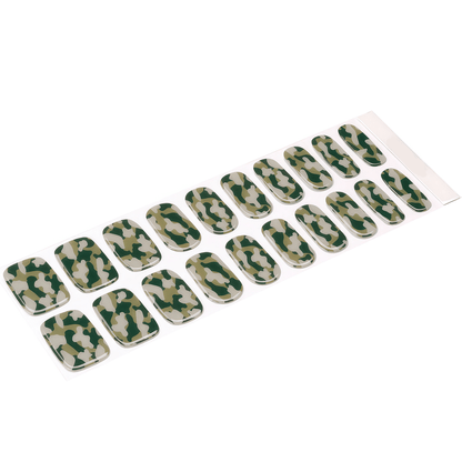 Green camouflage pattern gel nail wrap sheet with 20 nail sizes for DIY manicure