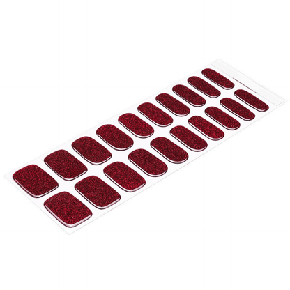 Deep red glitter gel nail wraps with sparkly finish for festive manicure