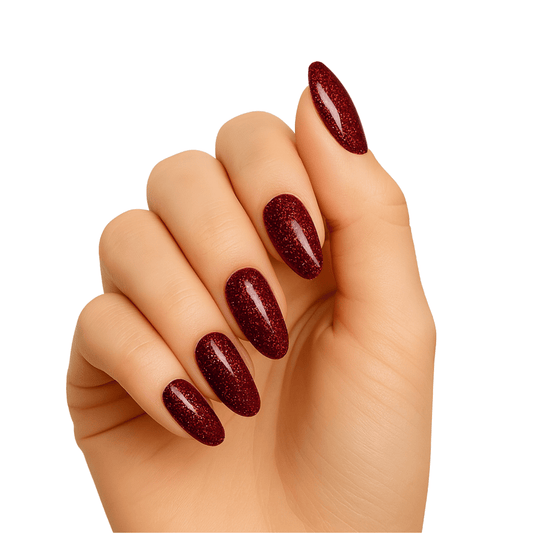 Deep burgundy glitter gel nail wraps on hand showing sparkly finish