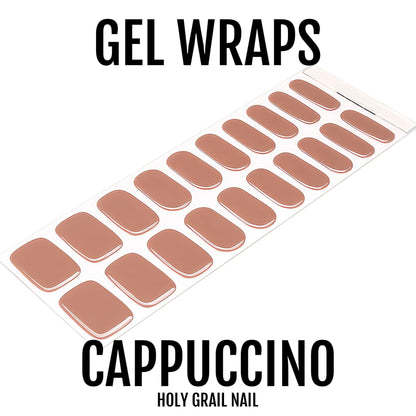 Semi-cured gel nail wraps in solid cappuccino brown, glossy finish, on full sheet