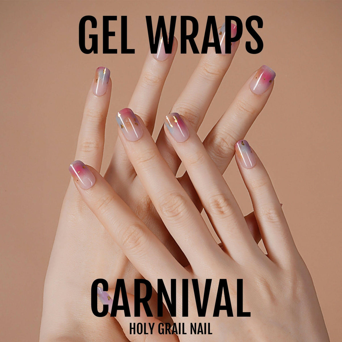 Multicoloured chrome gel nail wraps on hands displaying rainbow carnival finish