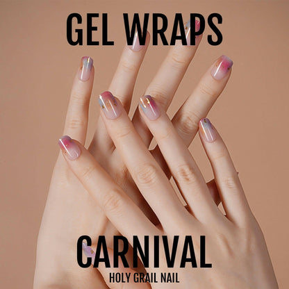 Multicoloured chrome gel nail wraps on hands displaying rainbow carnival finish