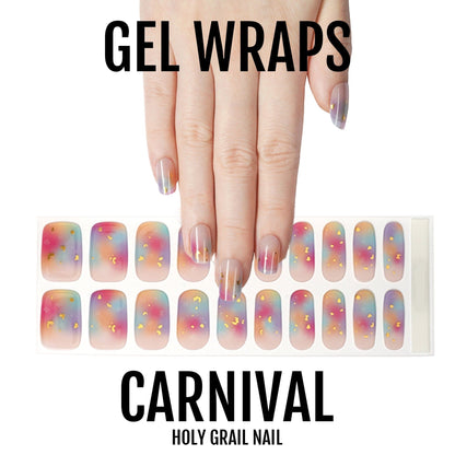 Rainbow chrome gel nail wraps sheet showing carnival multicoloured nail art design