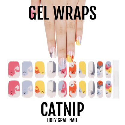 Cat-themed gel nail wraps sheet showing colourful kitten designs for at-home manicure application