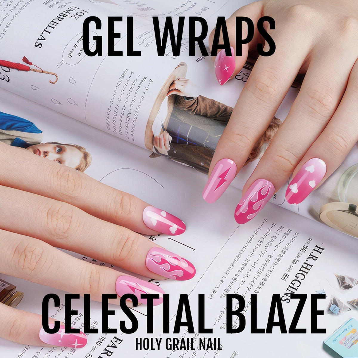Pink gradient gel nail wraps on hand showing flame pattern nail art design