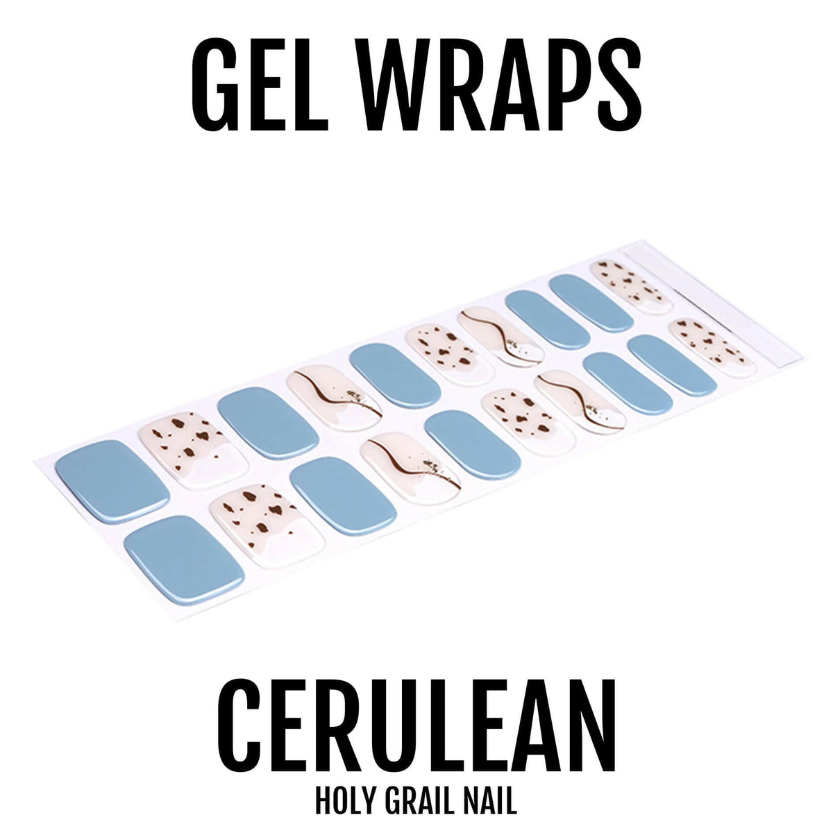 Blue gel nail wraps with white abstract pattern and clear sections for at-home manicure