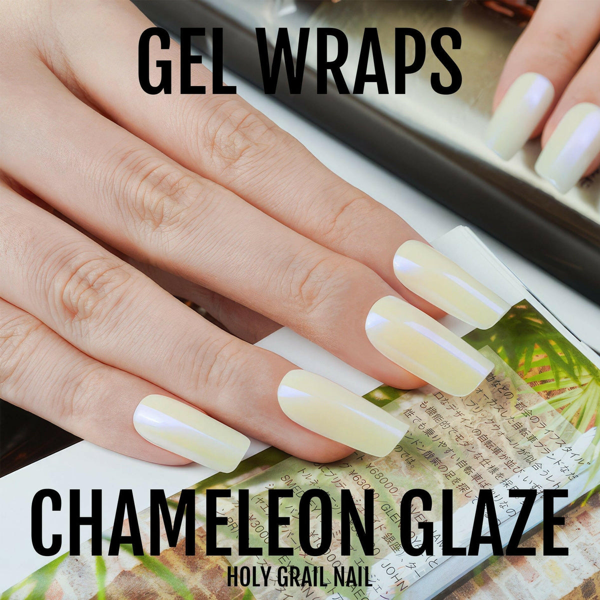 Yellow chrome gel nail wraps on hands displaying iridescent chameleon finish