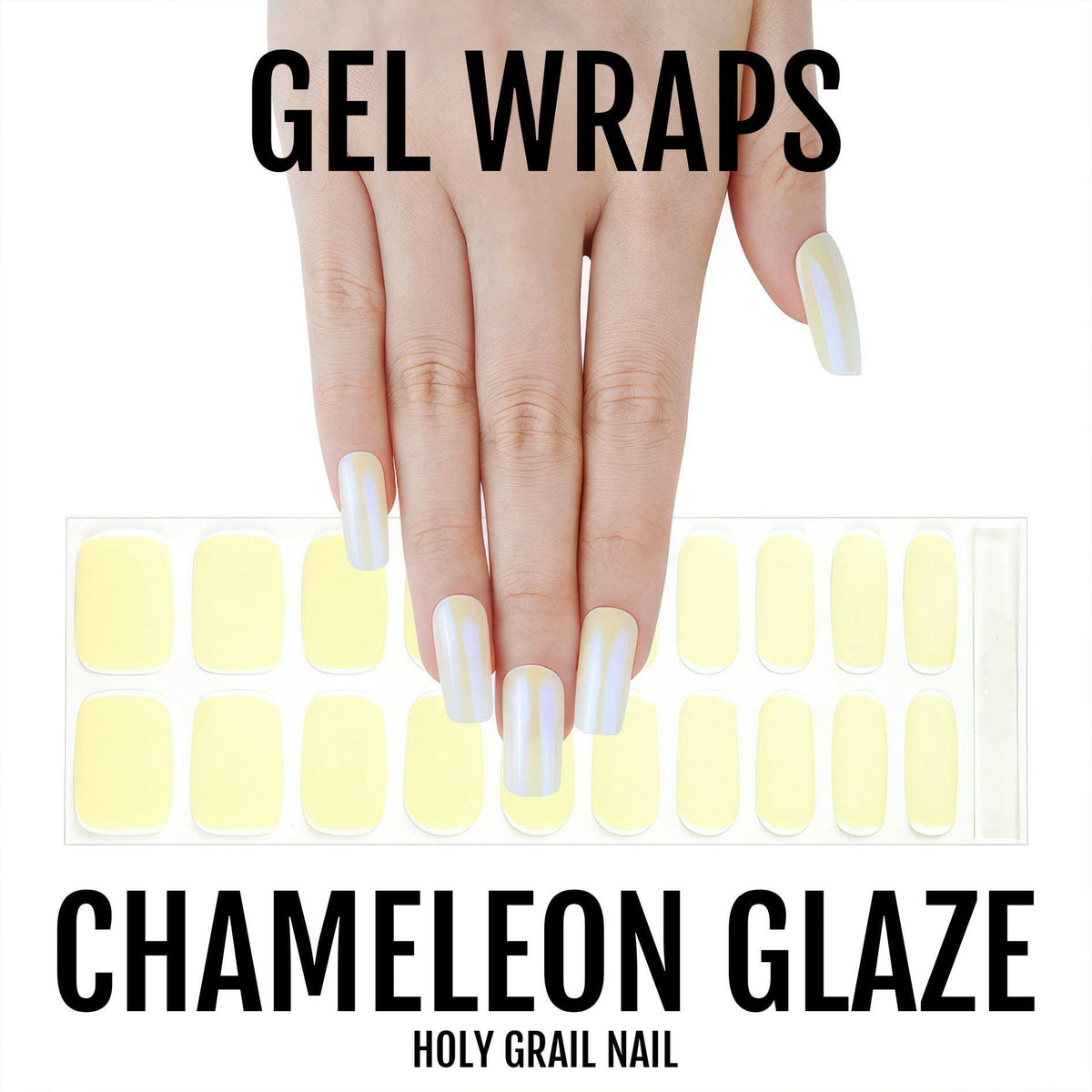 Yellow chrome gel nail wraps on hand with chameleon glaze finish manicure