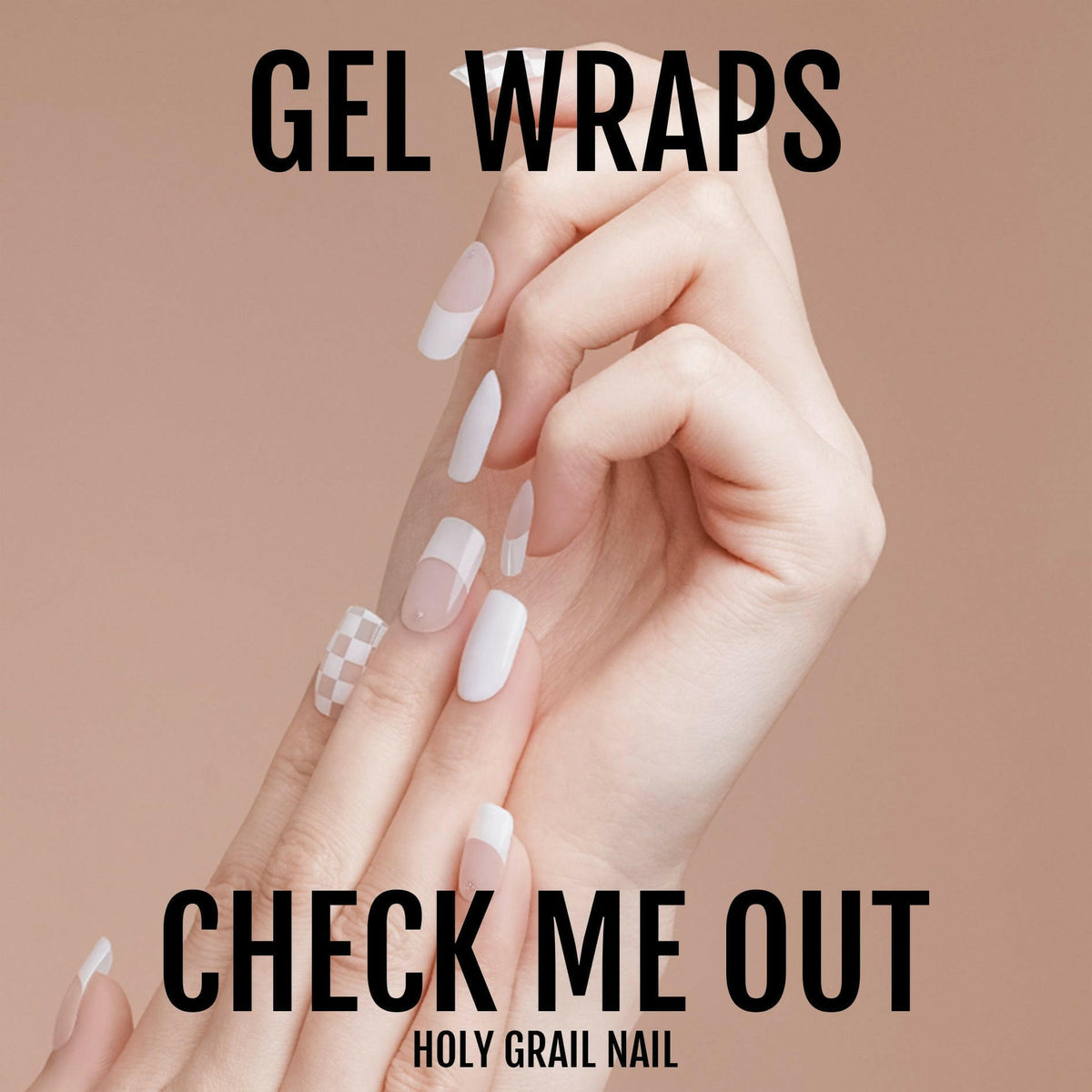 Hand showing white French tip gel nail wraps with transparent checkered pattern design