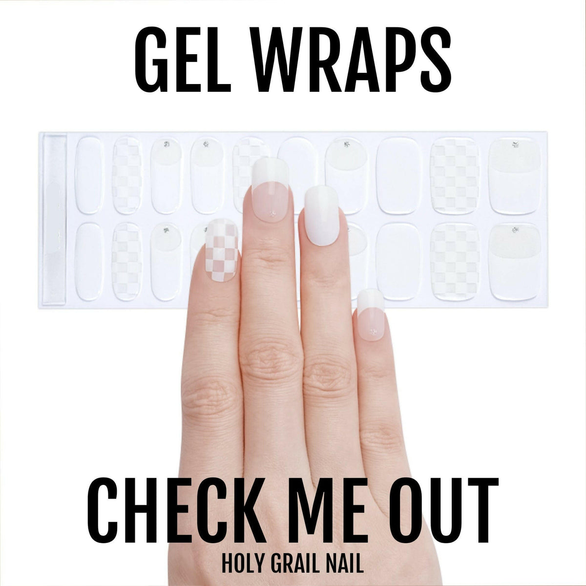 Hand displaying transparent checkered gel nail wraps with white French manicure finish