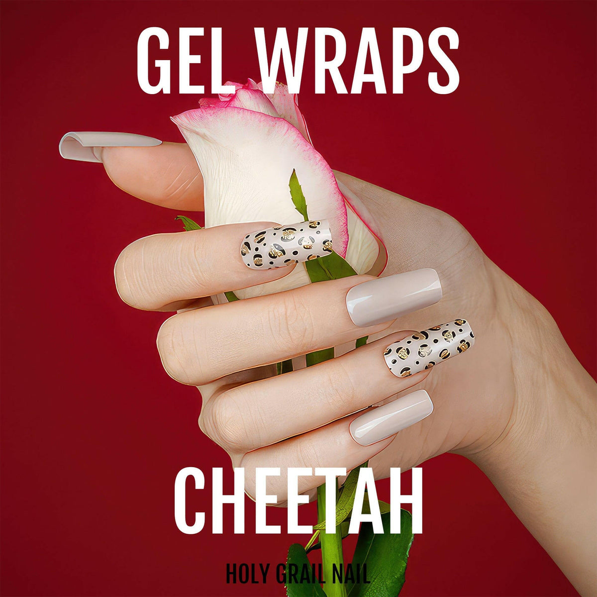 Cheetah print gel nail wraps on hand with nude and animal print design