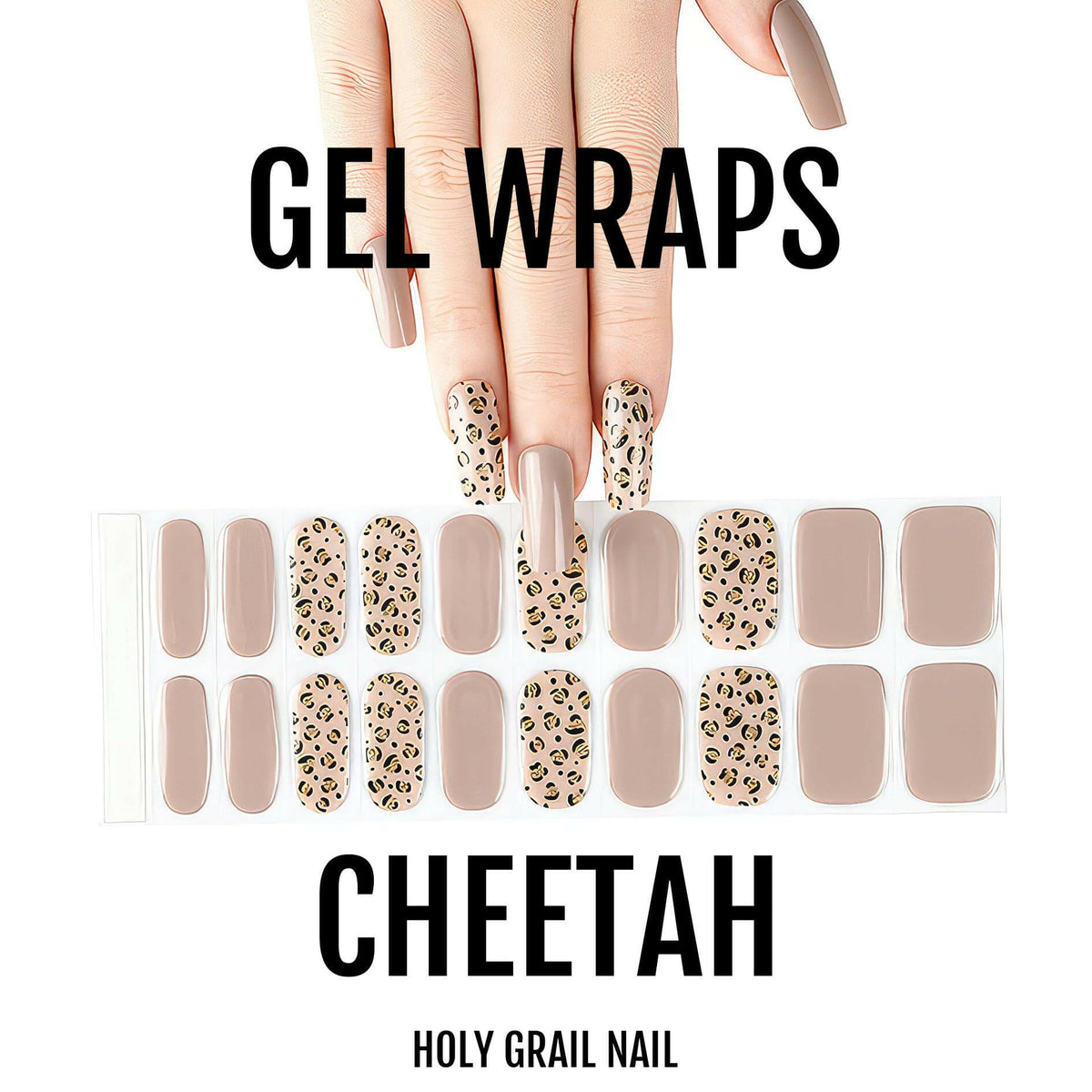 Individual cheetah print gel nail wraps showing nude base with leopard pattern