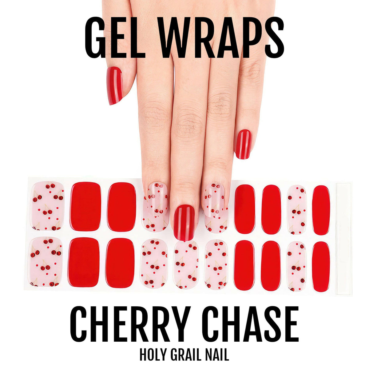 Red gel nail wraps with cherry pattern on hand showing glossy finish