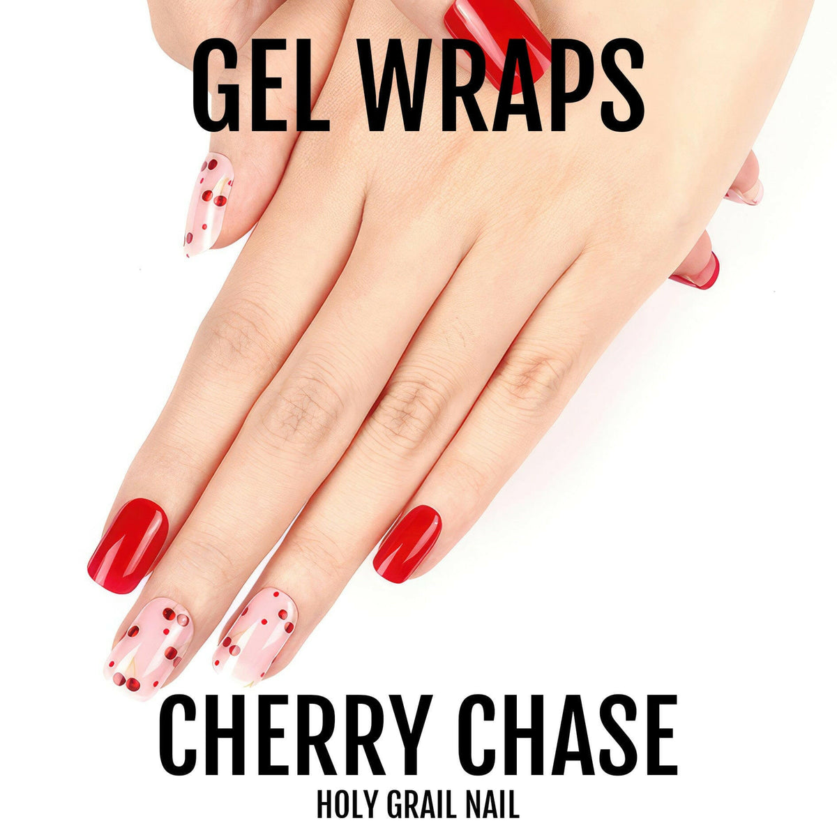 Cherry pattern gel nail wraps on hands with red glossy manicure design
