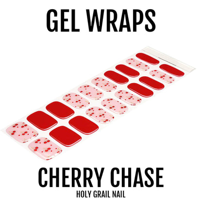 Cherry Chase gel nail wraps with red and pink cherry pattern design