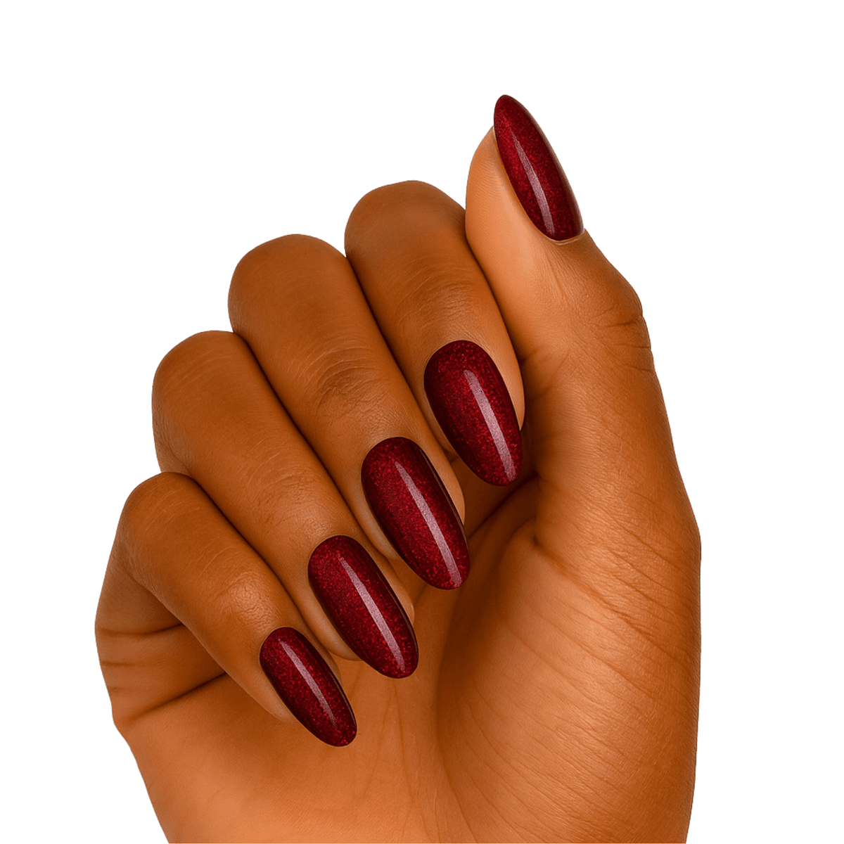 Deep red glossy gel nail wraps on hand showing cherry obsession manicure design