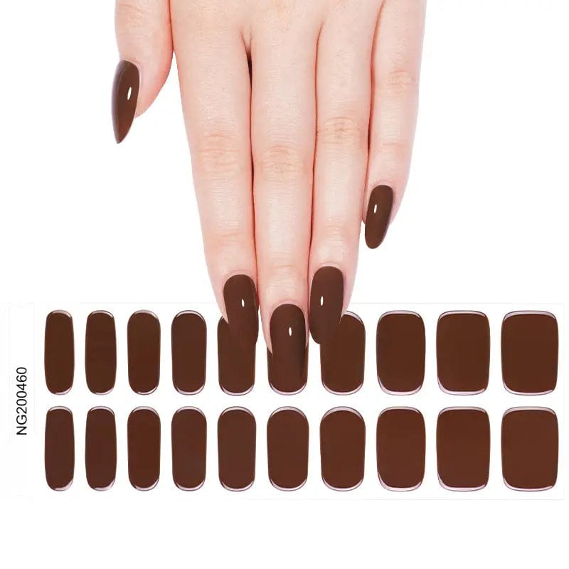 Rich chocolate brown gel nail wraps displayed with manicured hand showing glossy finish