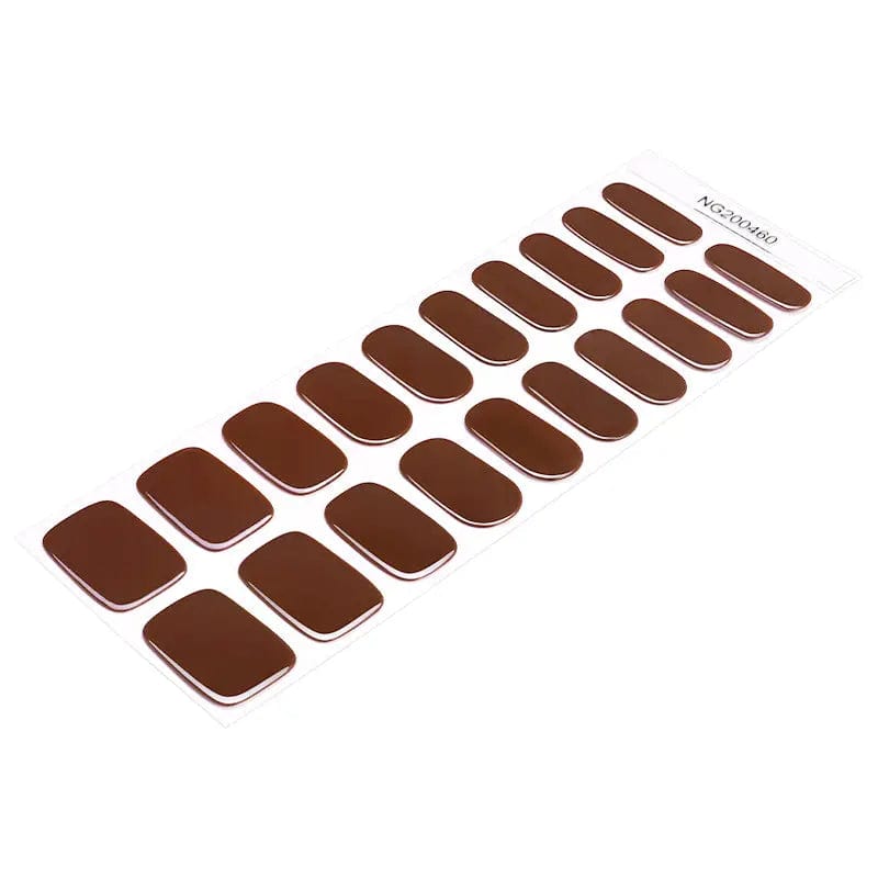 Chocolate brown gel nail wraps sheet showing individual semi-cured nail art designs