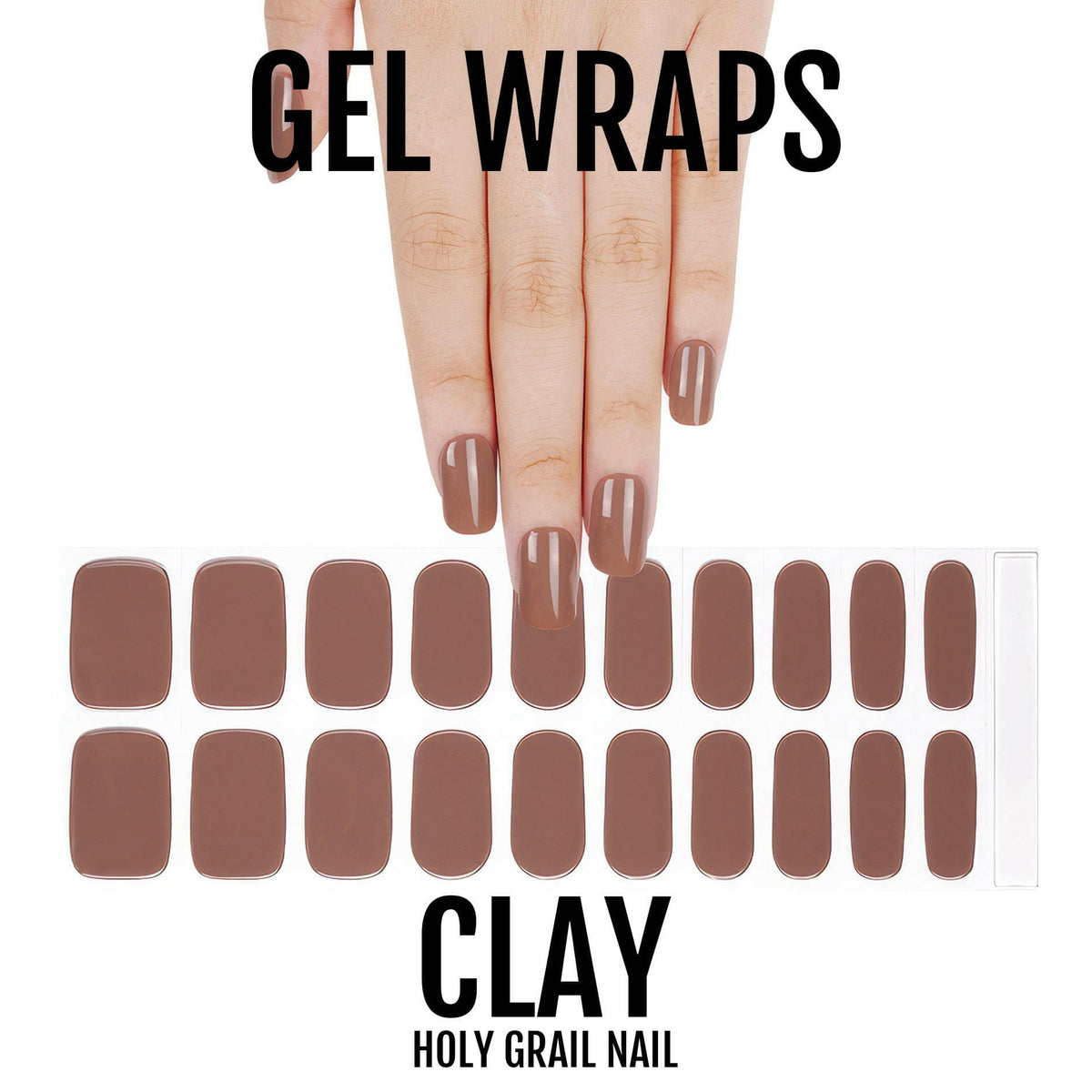 Clay brown gel nail wraps sheet with hand showing solid nude colour swatches