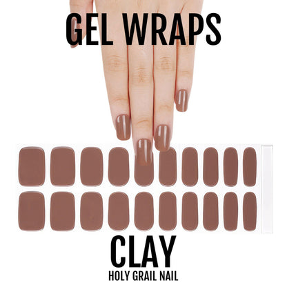 Clay brown gel nail wraps sheet with hand showing solid nude colour swatches