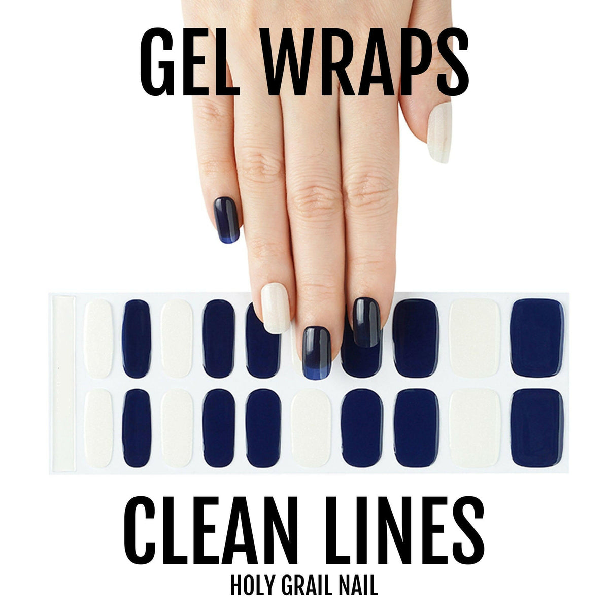Navy blue gel nail wraps on hand with clean solid colour manicure finish