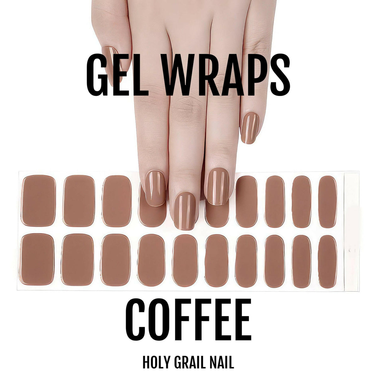 Coffee brown gel nail wraps displayed with hand showing complete manicure set