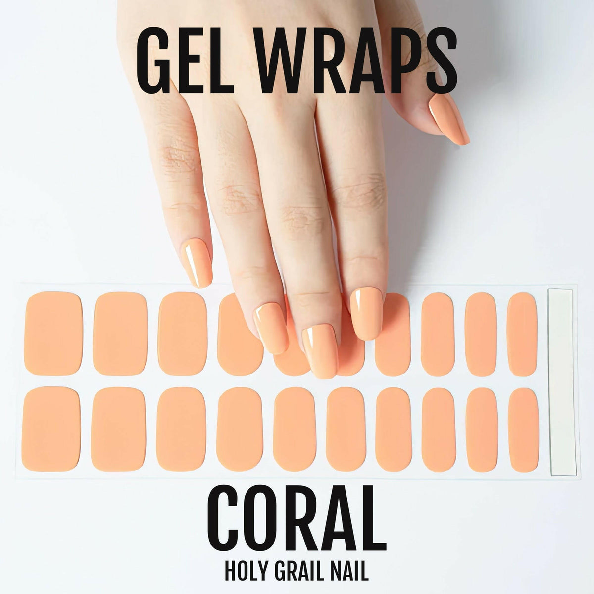 Coral gel nail wraps sheet with hand model showing peachy orange manicure