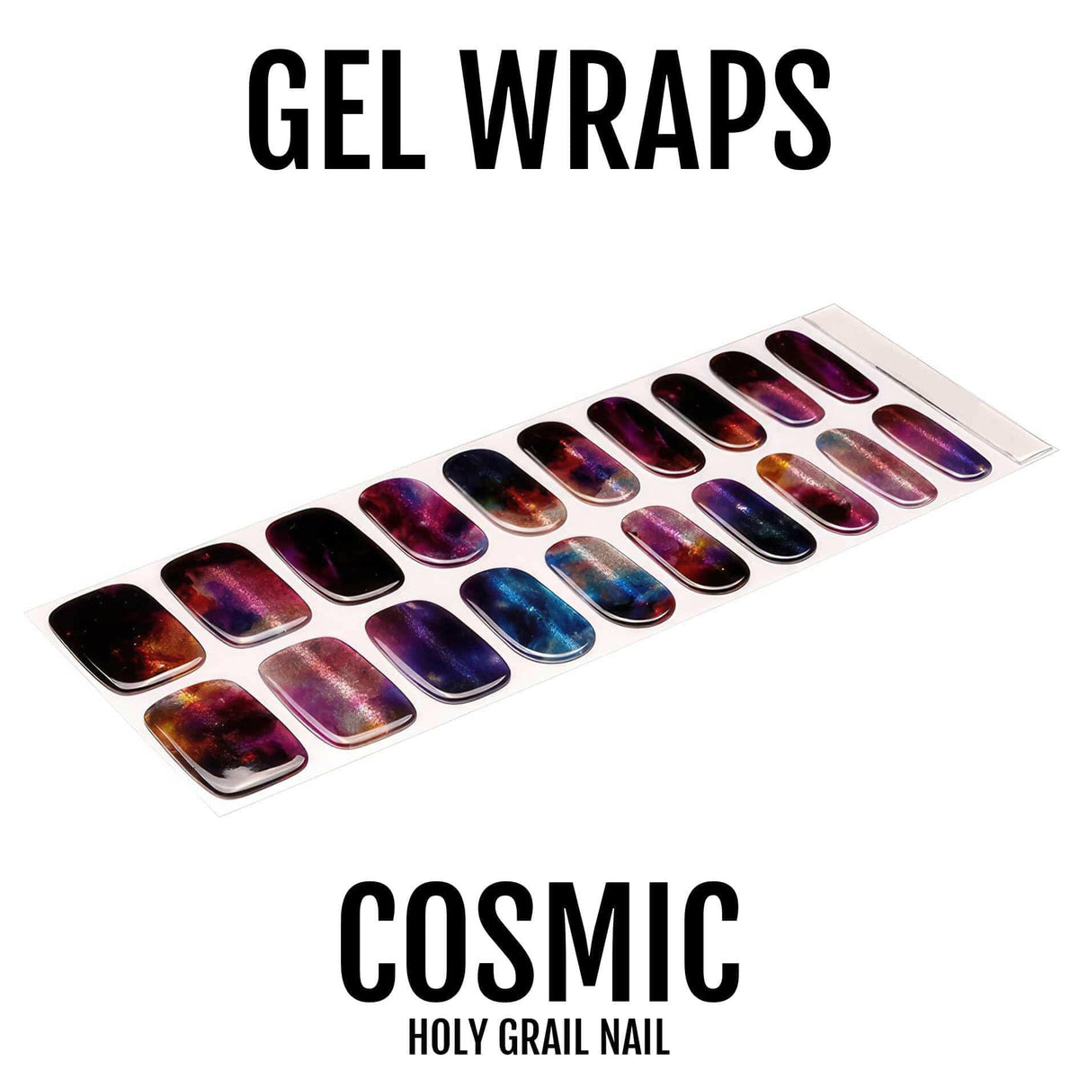 Twenty cosmic galaxy gel nail wraps showing purple, black and multicoloured space patterns