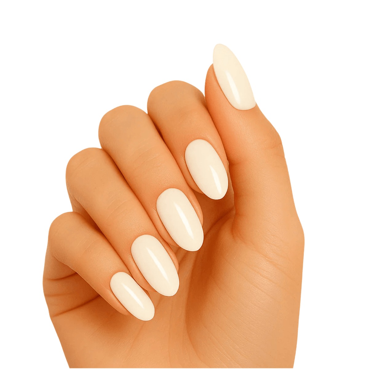 Hand wearing cream white gel nail wraps showing glossy oval manicure finish