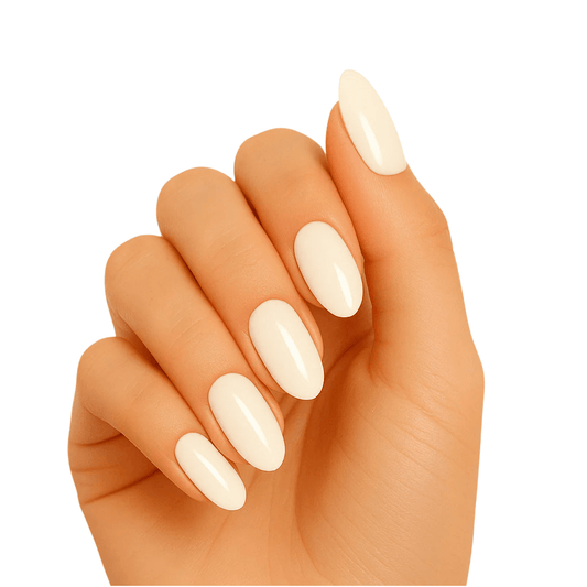 Hand wearing cream white gel nail wraps showing glossy oval manicure finish