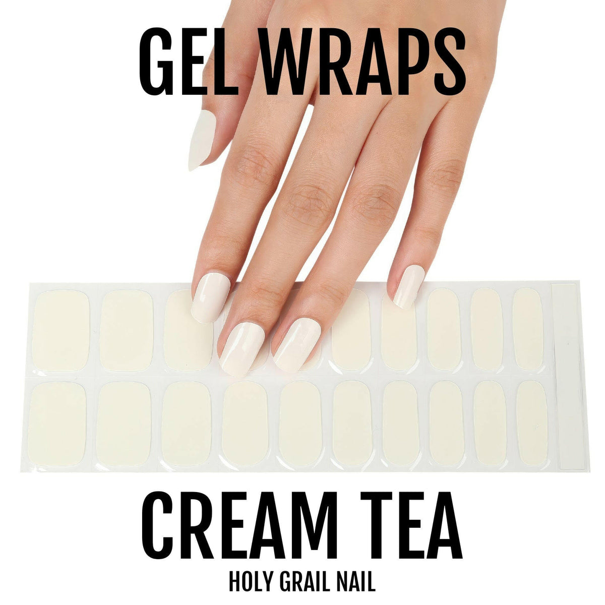 Cream tea gel nail wraps product sheet showing nude white semi-cured gel strips