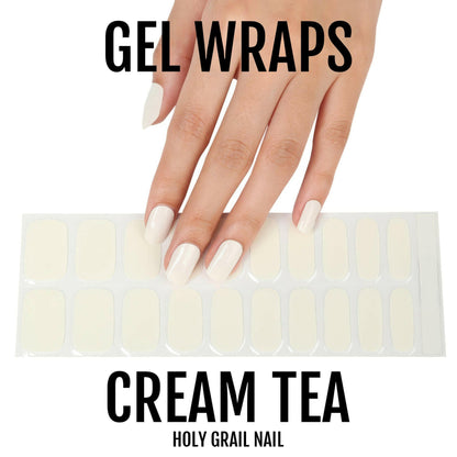 Cream tea gel nail wraps product sheet showing nude white semi-cured gel strips