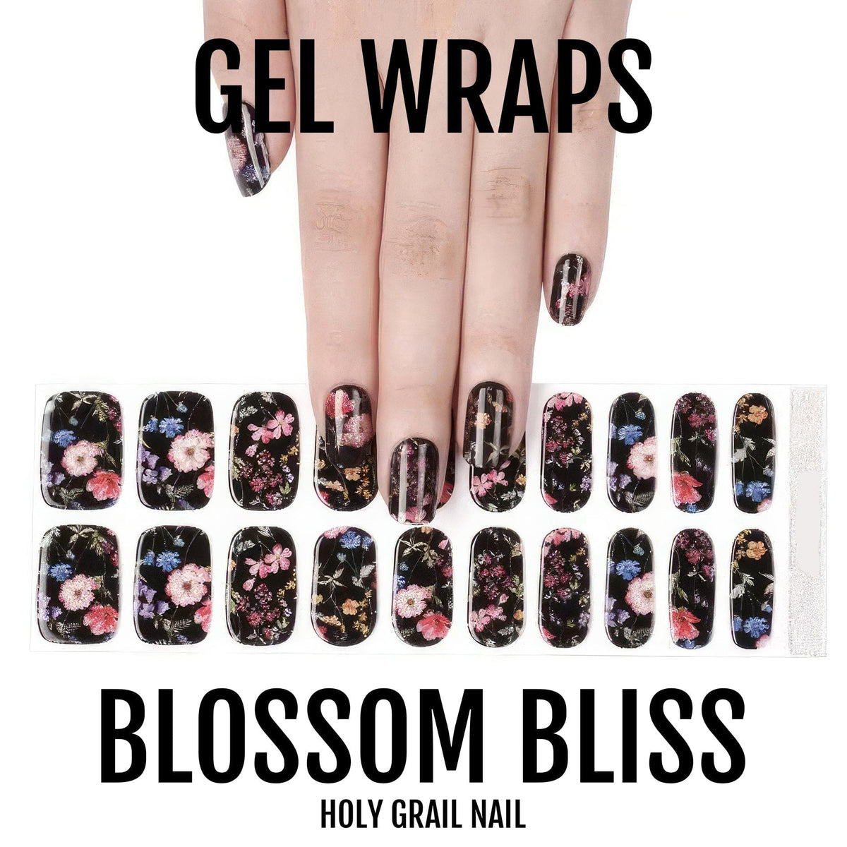 Black gel nail wraps with pink floral pattern on hand showing gothic botanical nail art