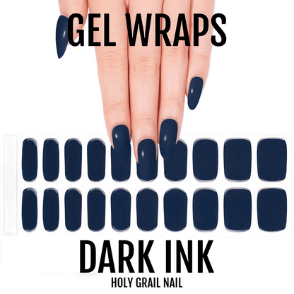 Dark navy blue gel nail wraps on hand showing glossy solid colour manicure