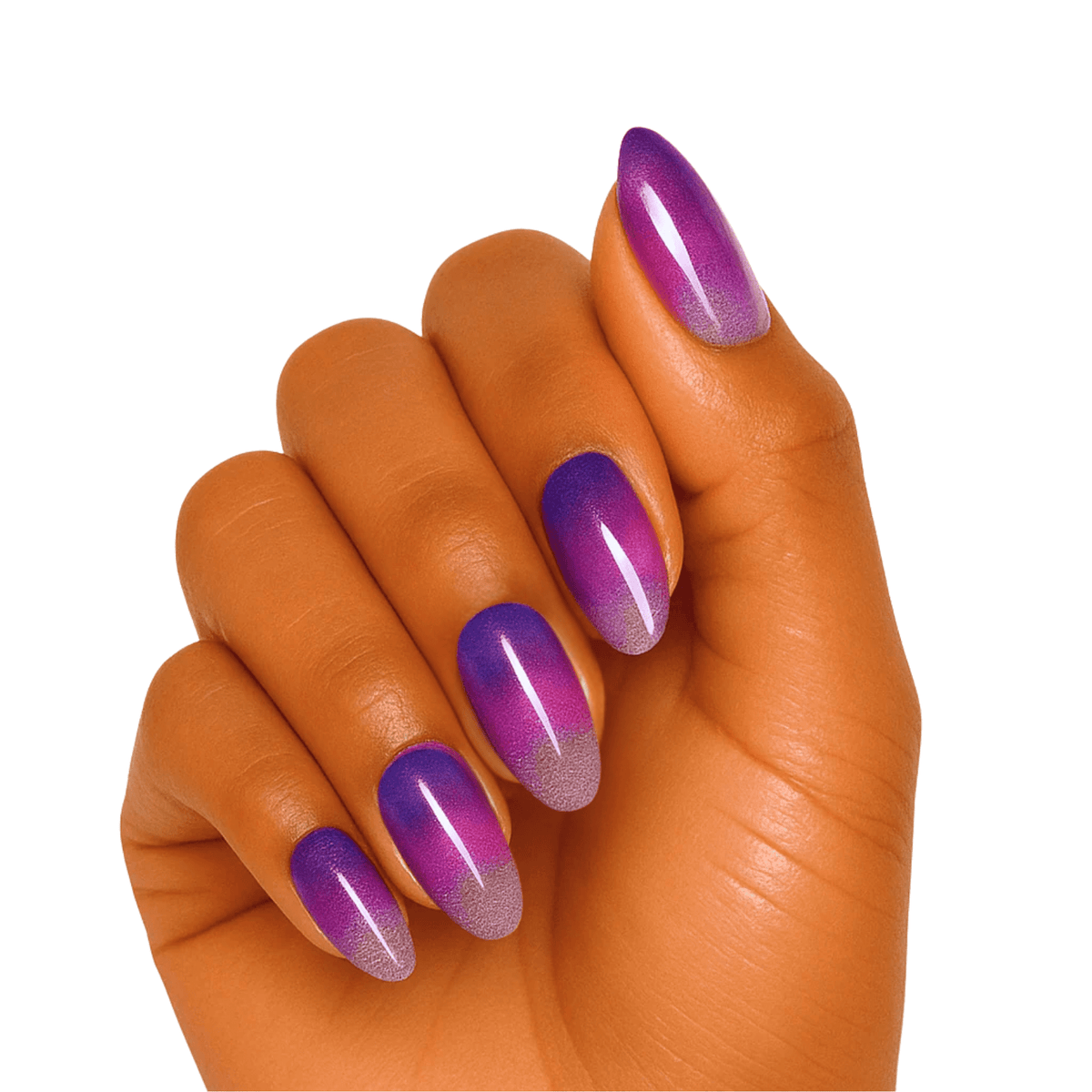 Purple ombre gel nail wraps on hand showing glossy gradient manicure finish