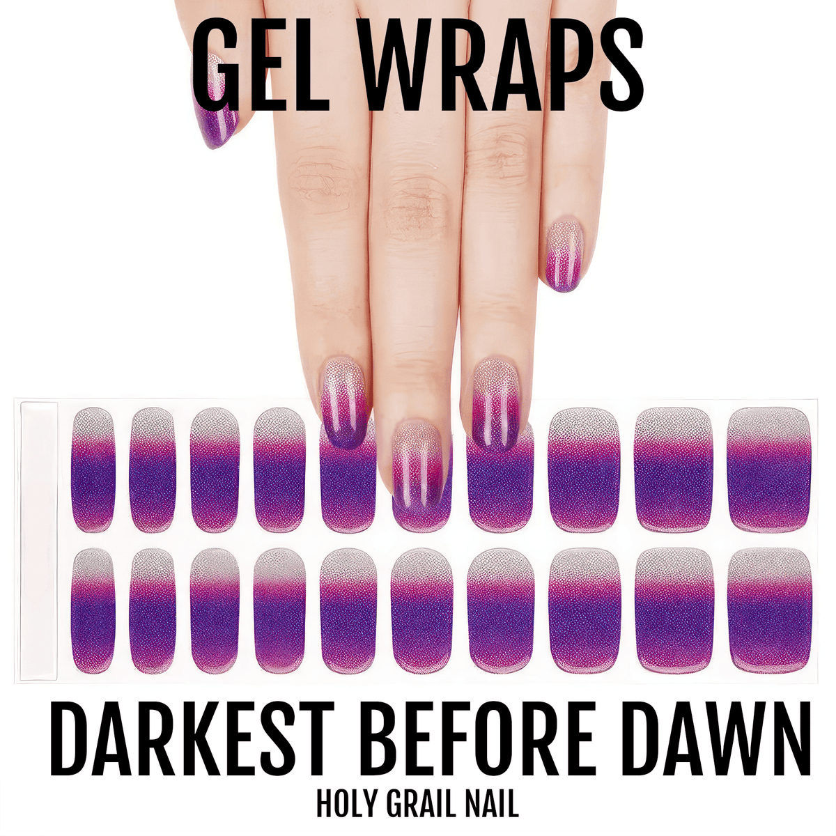 Purple ombre gel nail wraps sheet showing gradient fade nail art strips for at-home manicure