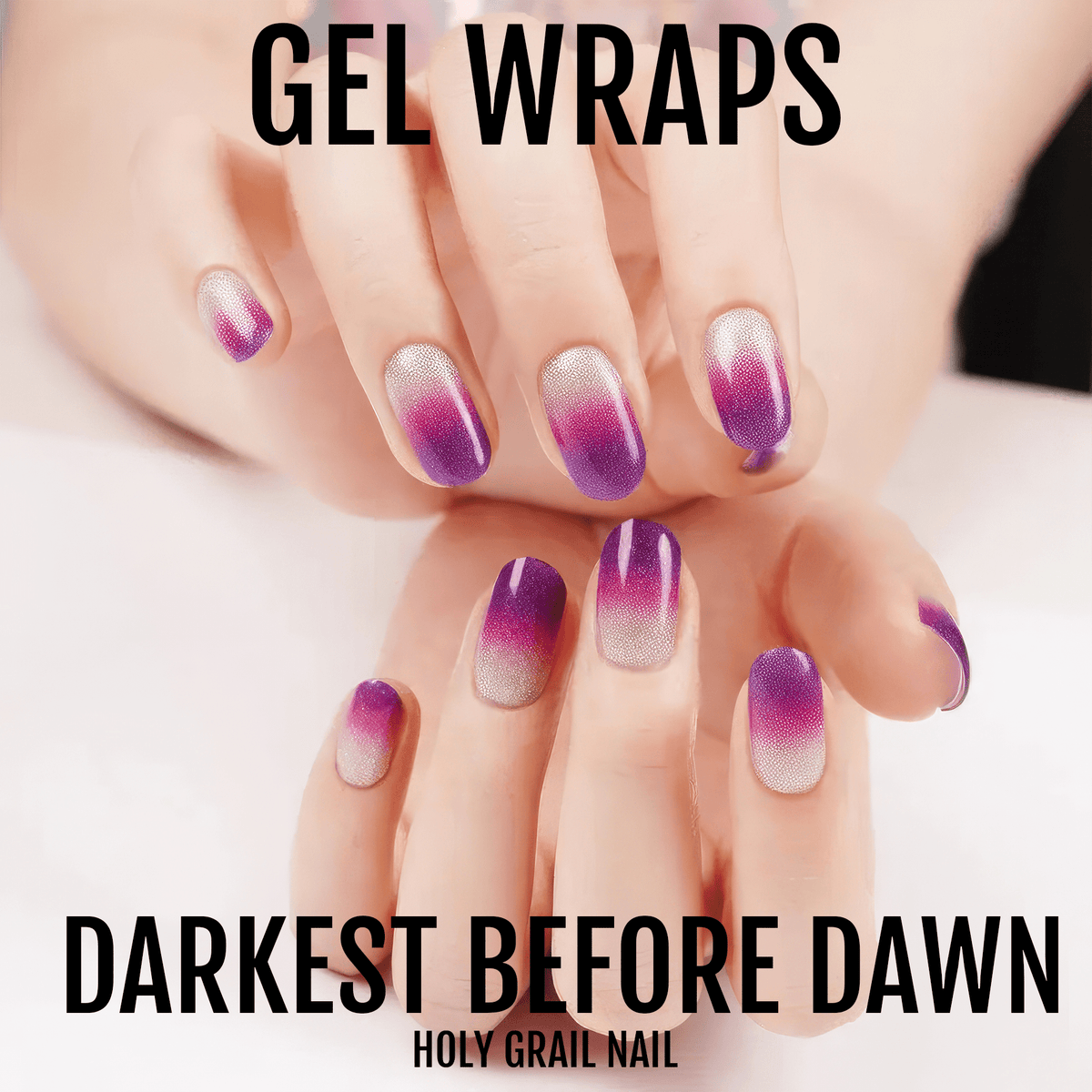 Purple ombre gel nail wraps on hands showing gradient fade from clear to deep purple