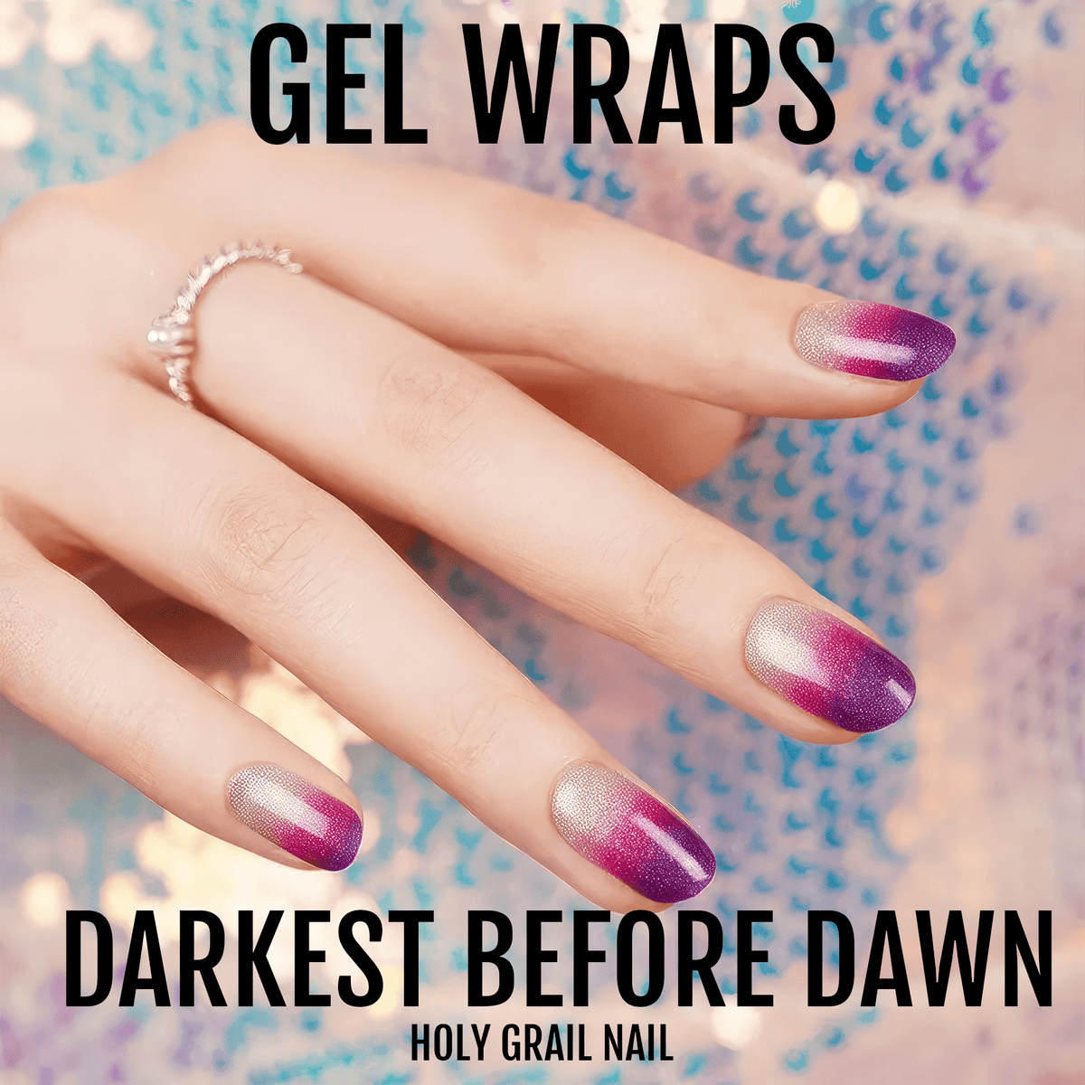 Deep purple ombre gel nail wraps showing gradient shimmer effect on fingertips