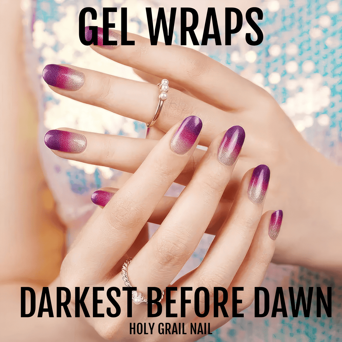 Purple to clear ombre gel nail wraps on hands with shimmer finish