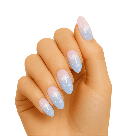Blue cloud pattern gel nail wraps on hand showing oval shaped manicure
