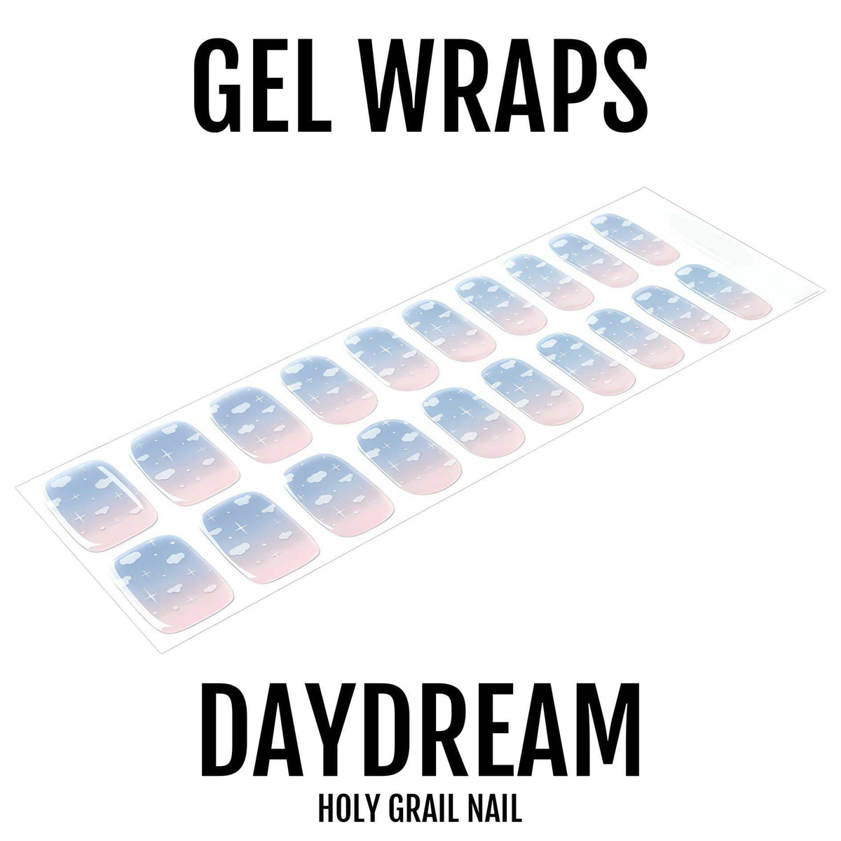 Blue gradient gel nail wraps with white cloud pattern for at-home manicure