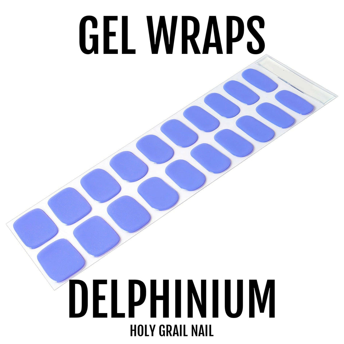 Blue gel nail wraps sheet showing periwinkle purple semi-cured gel wraps for at-home manicure