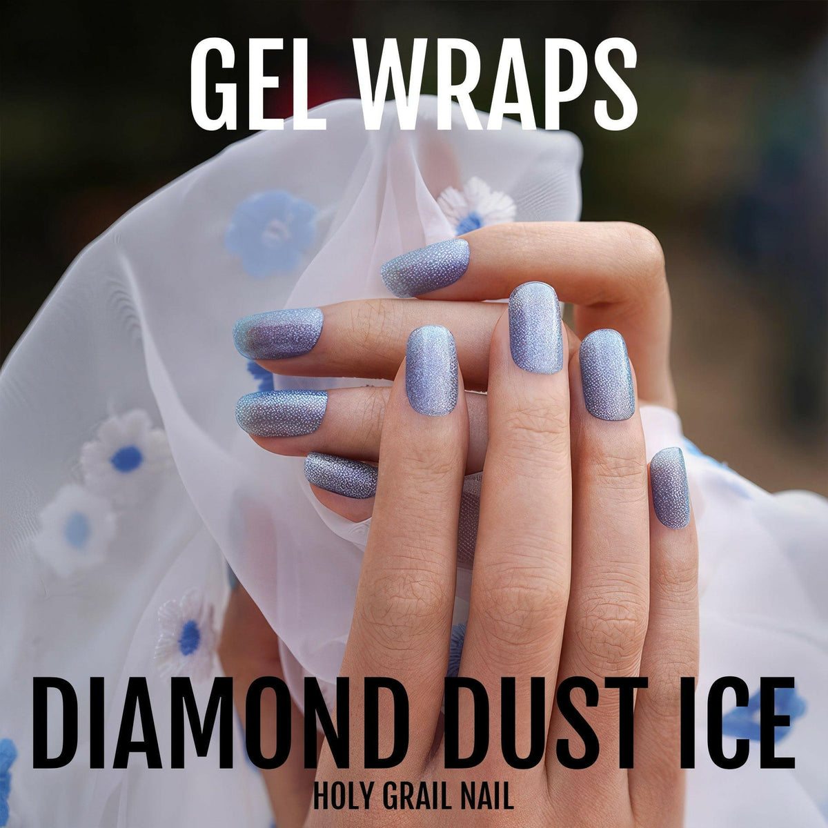 Blue glitter gel nail wraps with diamond dust sparkle finish on manicured hands