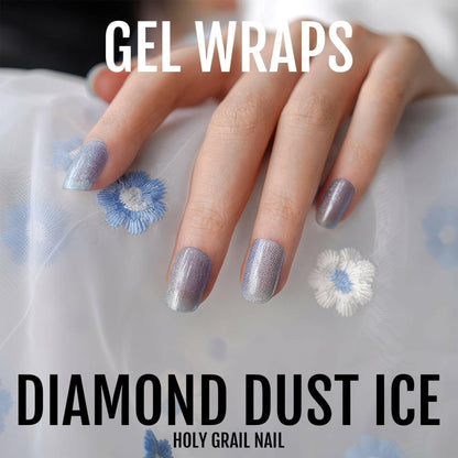Shimmery blue to purple gradient gel nail wraps with glitter finish on hands