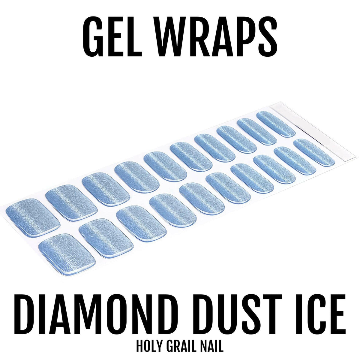 Light blue glitter gel nail wraps sheet showing individual nail sizes for at-home manicure