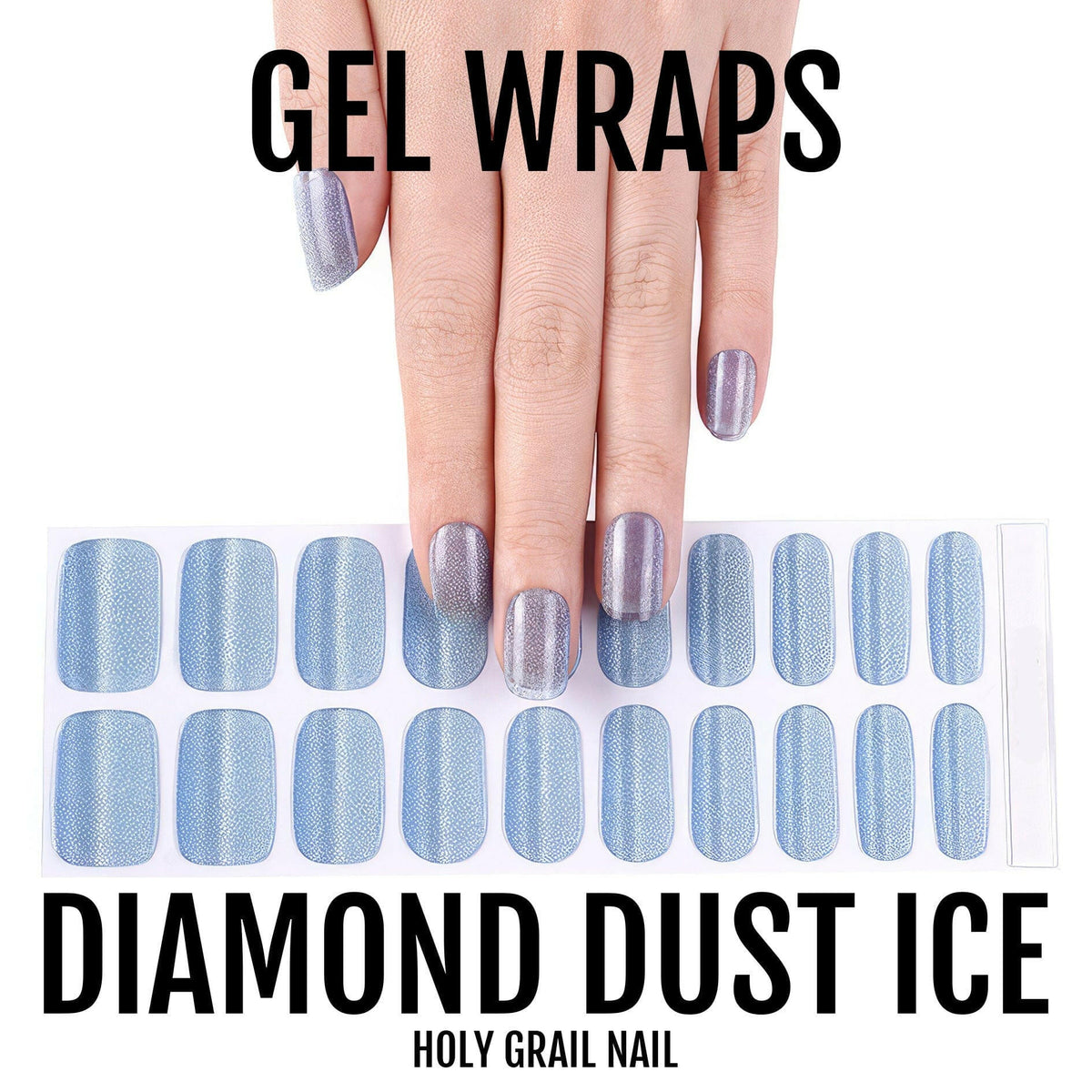 Blue shimmer gel nail wraps with glitter finish on hand showing diamond dust effect