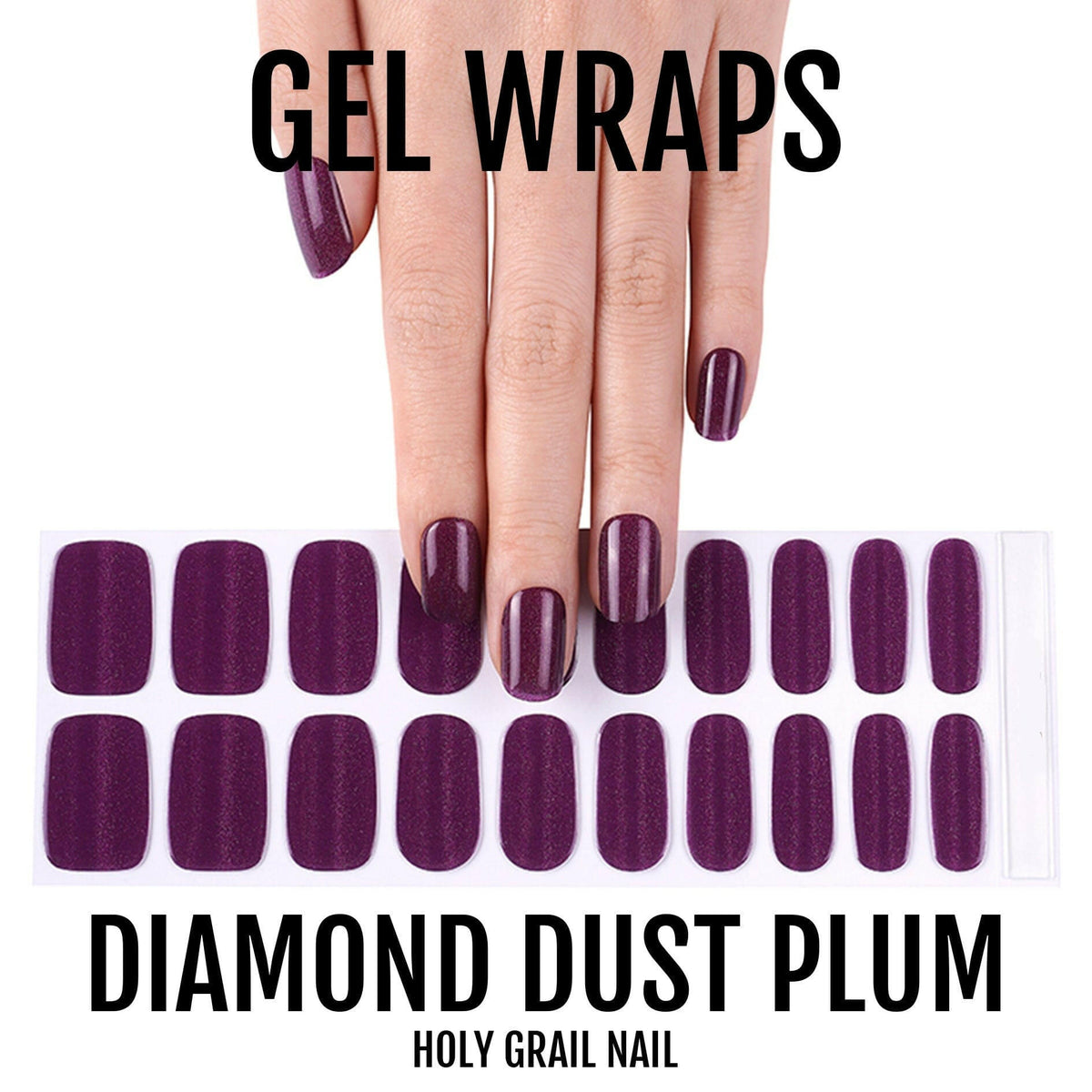 Semi-cured gel wraps in deep plum with cat's eye shimmer, glossy finish, on a nail sheet