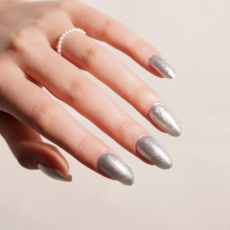 Silver chrome glitter gel nail wraps almond shape at-home manicure